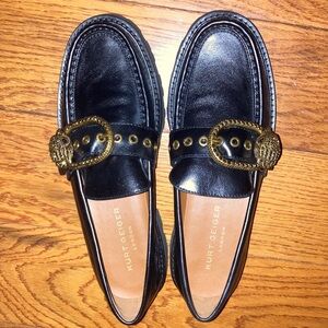 Kurt Geiger Black Loafers with Gold Lion Buckle